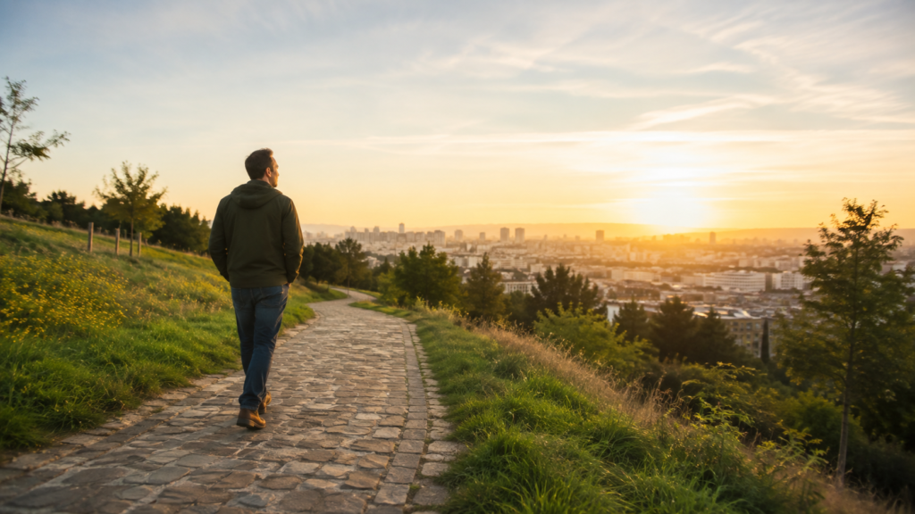 Hombre contemporáneo camina hacia un nuevo amanecer con esperanza y propósito