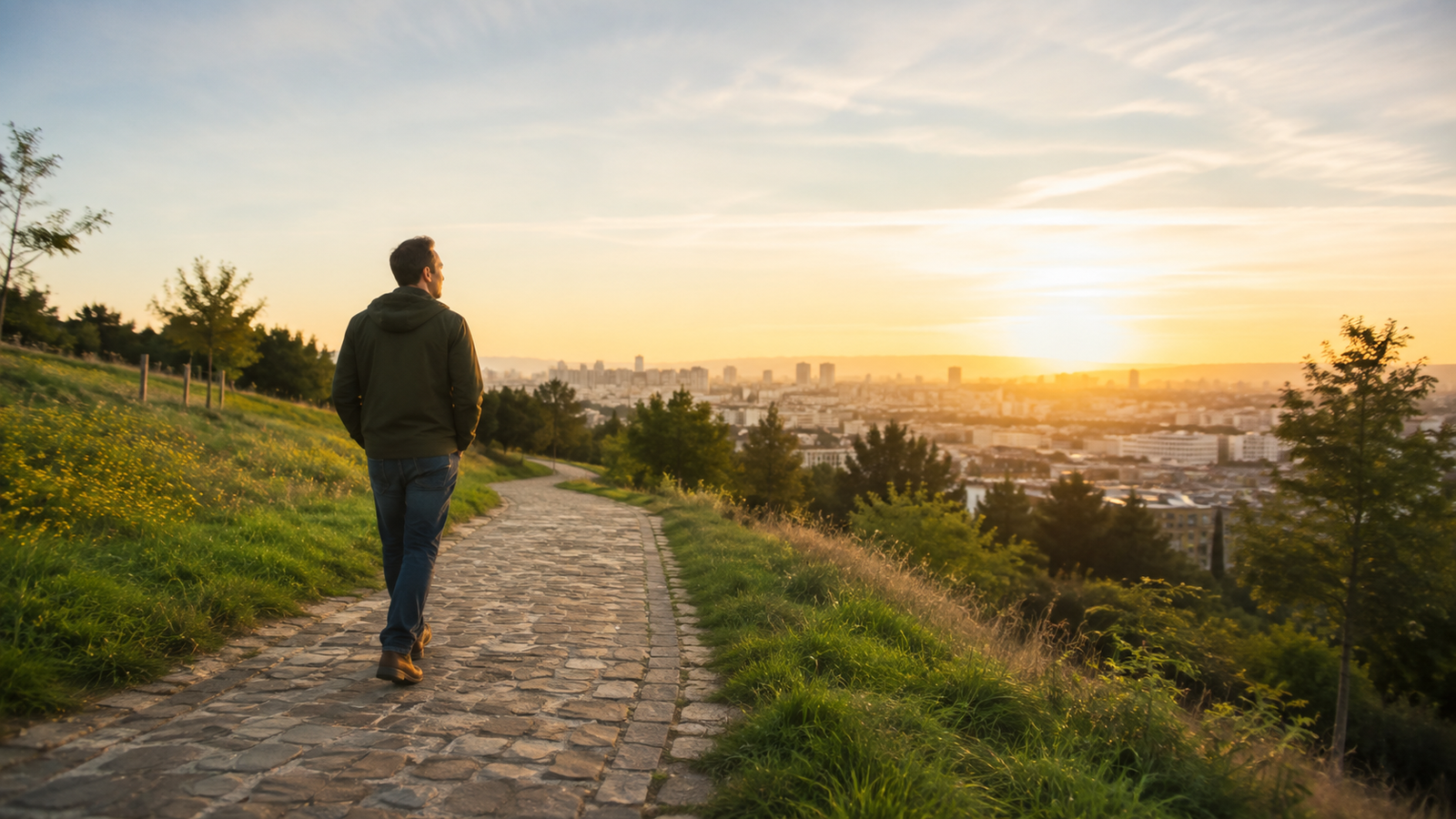 Hombre contemporáneo camina hacia un nuevo amanecer con esperanza y propósito