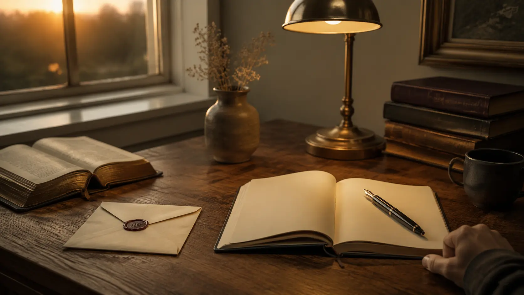 Biblia, cuaderno, carta y pluma sobre una mesa de nogal iluminada con luz cálida