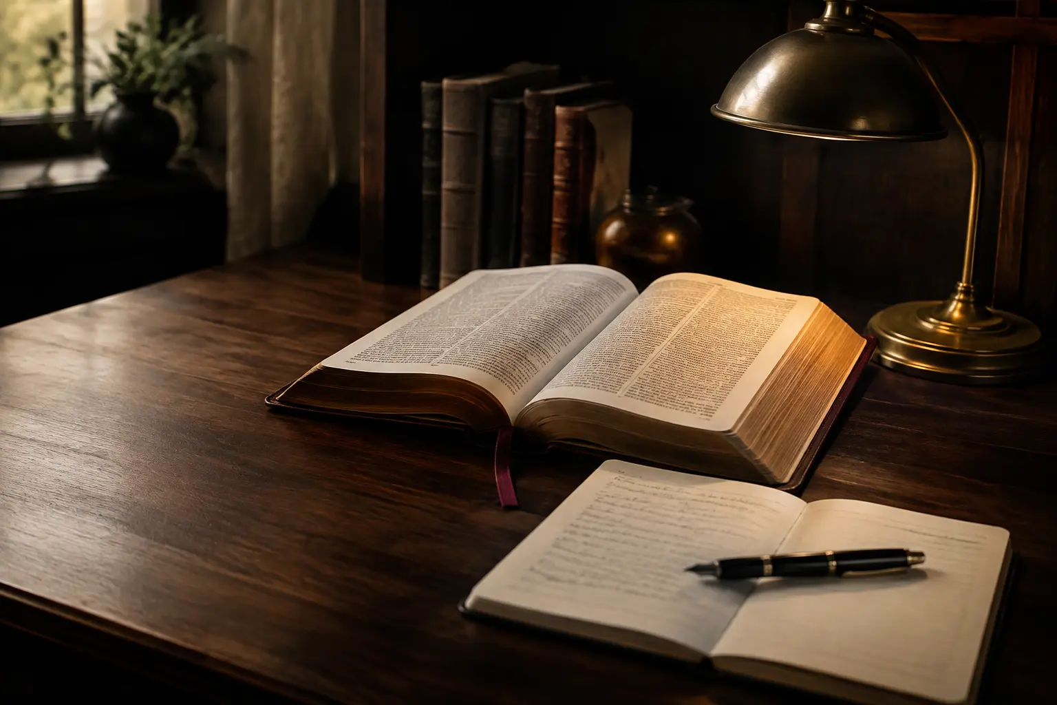 Biblia abierta, cuaderno de estudio y pluma sobre una mesa de nogal iluminada con luz cálida