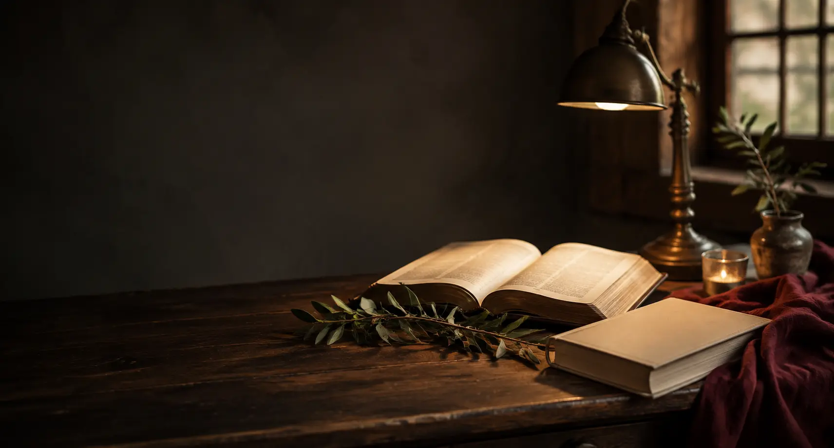 Biblia abierta sobre una mesa de nogal iluminada con luz cálida