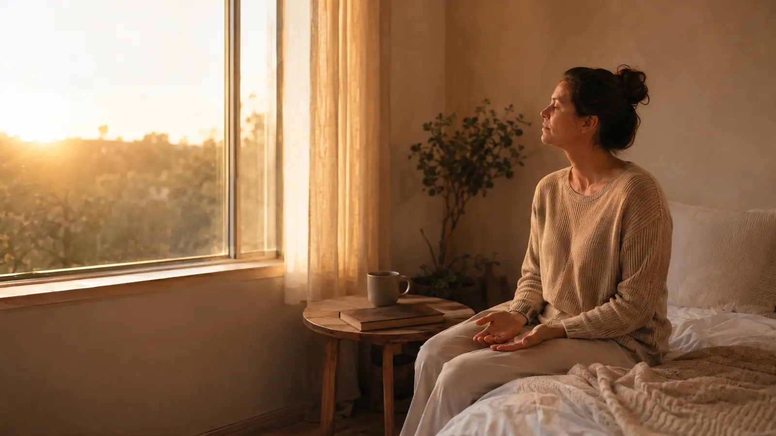 Una mujer descansa en silencio junto a una ventana iluminada al amanecer