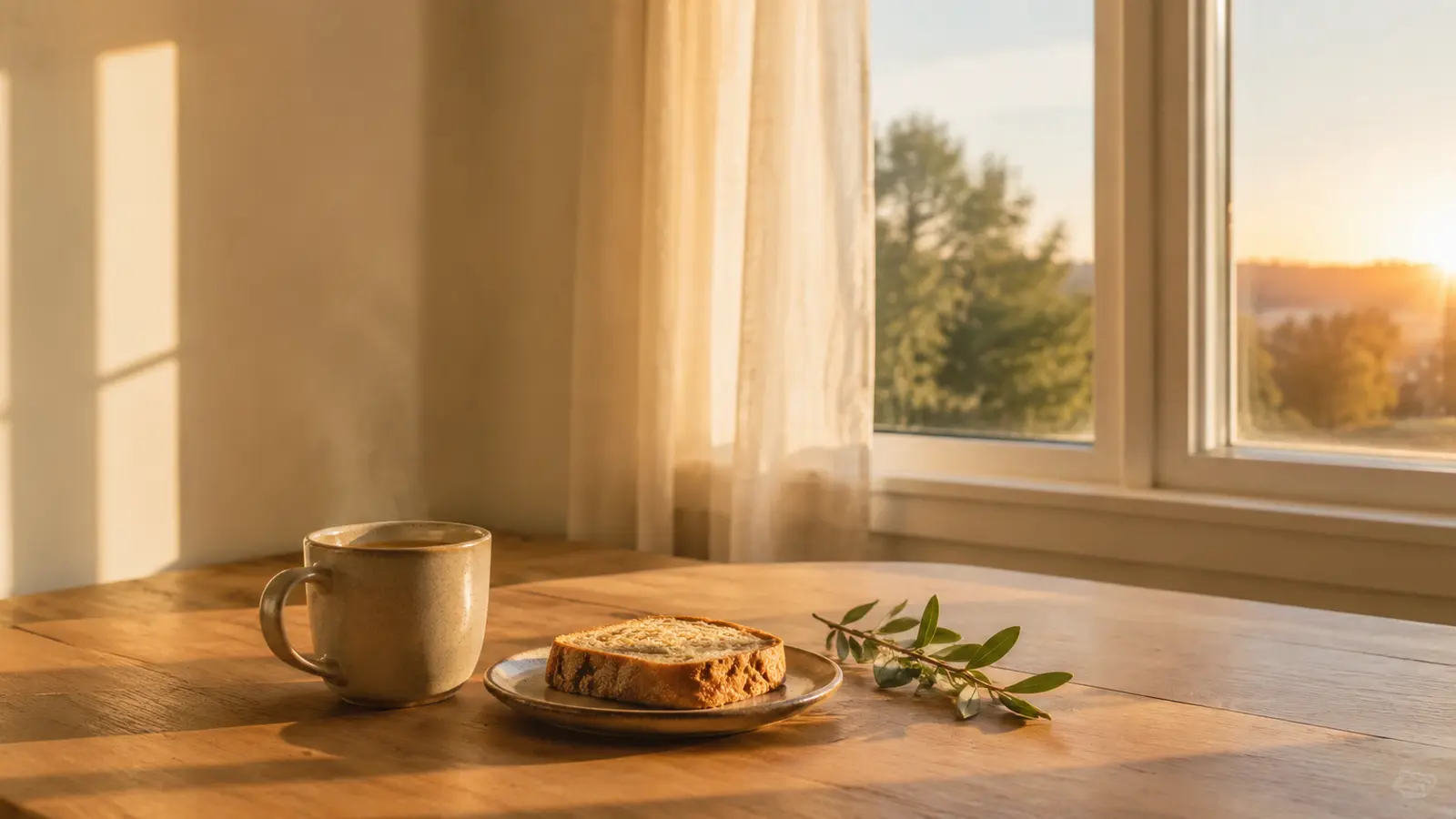 Una taza, pan y una rama verde sobre una mesa iluminada al atardecer