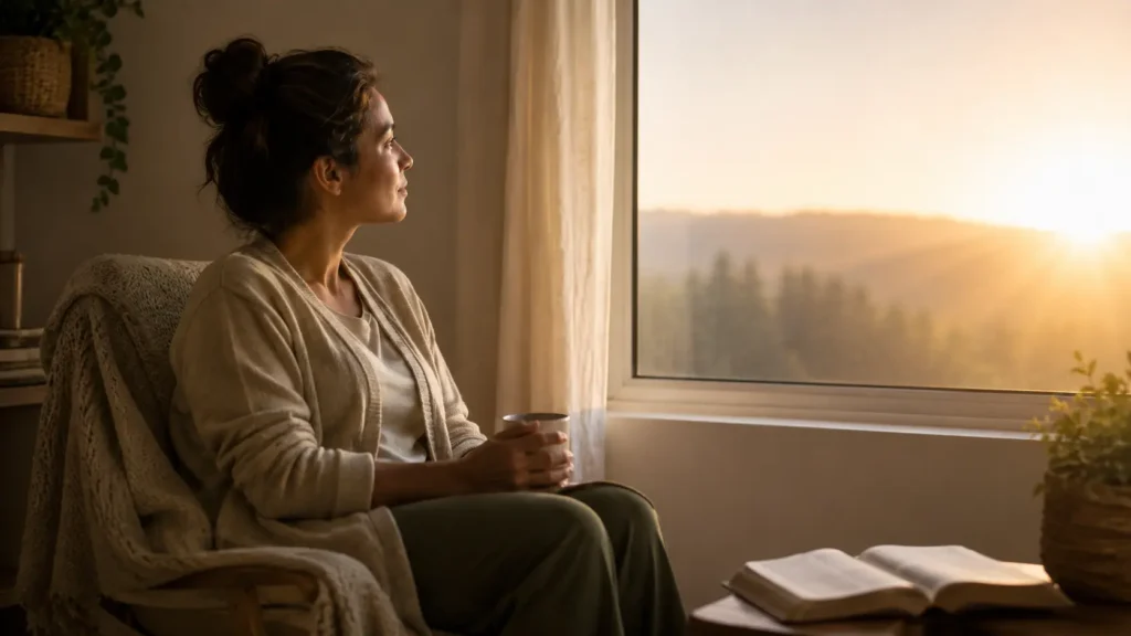 Oraciones para la ansiedad y el miedo: mujer junto a una ventana con una Biblia abierta