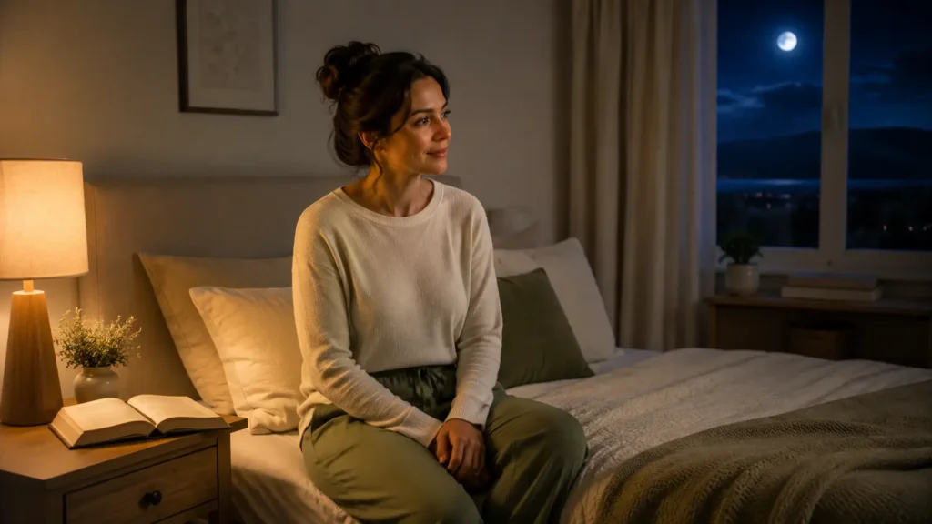 Oraciones para dormir en paz: mujer sentada junto a una Biblia abierta antes de descansar