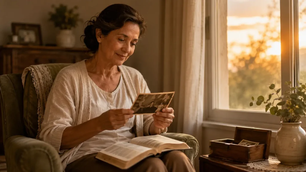 Oraciones para el duelo y la pérdida: mujer recordando a un ser querido junto a una Biblia y una caja de fotografías
