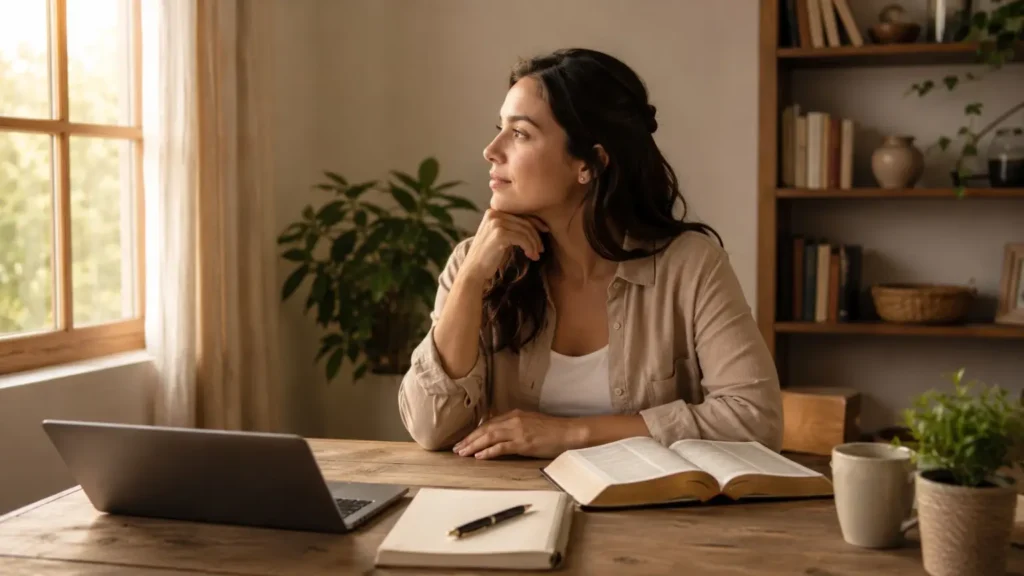 Oraciones para el trabajo: mujer reflexionando junto a un ordenador, un cuaderno y una Biblia abierta