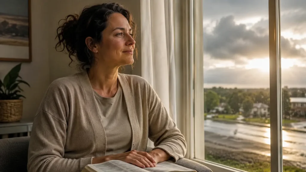 Oraciones para momentos difíciles: mujer junto a una Biblia abierta mientras vuelve la calma después de la lluvia