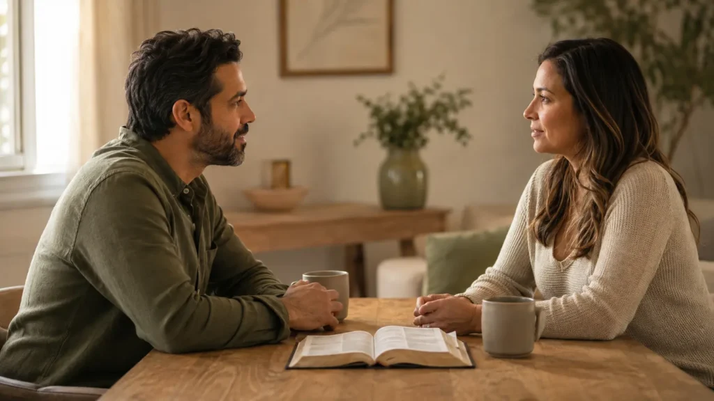 Oraciones por el matrimonio y la pareja: pareja conversando con serenidad junto a una Biblia abierta