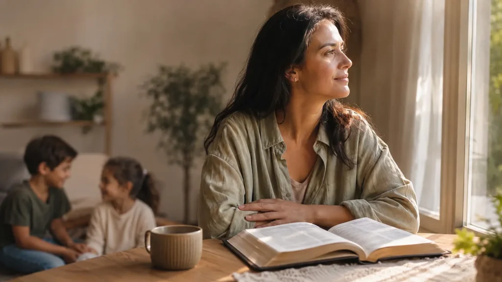 Oraciones por los hijos: madre junto a una Biblia abierta mientras sus hijos comparten en casa