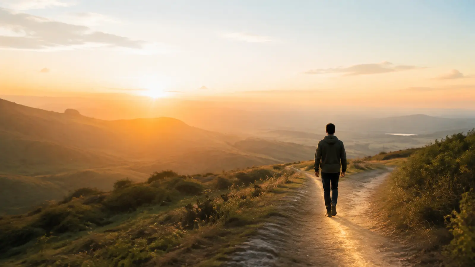 Una persona camina por un sendero al amanecer acompañada por una luz cálida