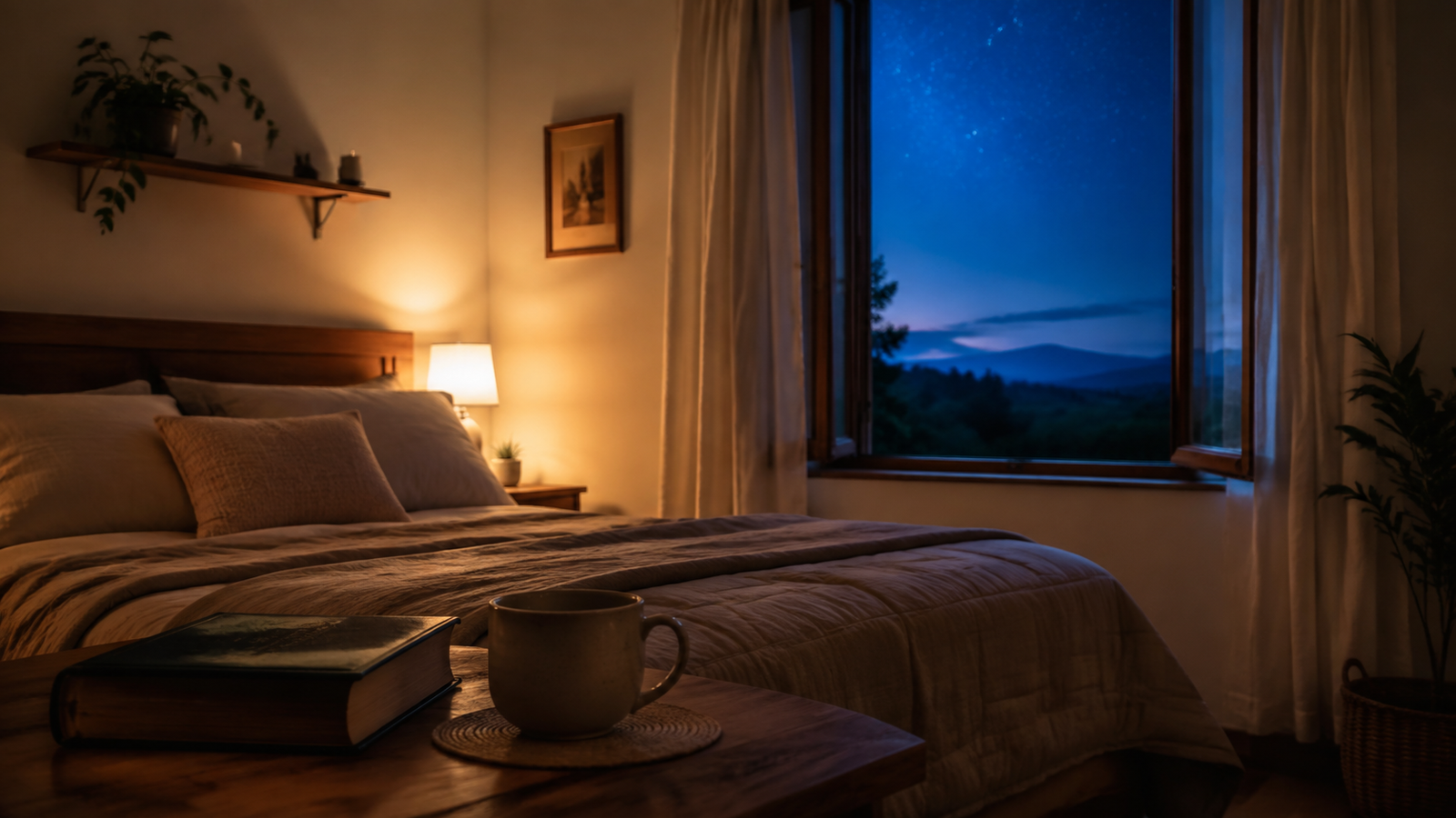 Una habitación serena abierta a la noche como imagen de descanso y confianza