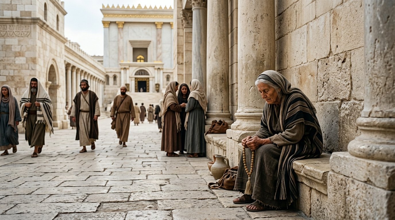 Ana la profetisa orando en el Templo de Jerusalén antes de encontrar a Jesús