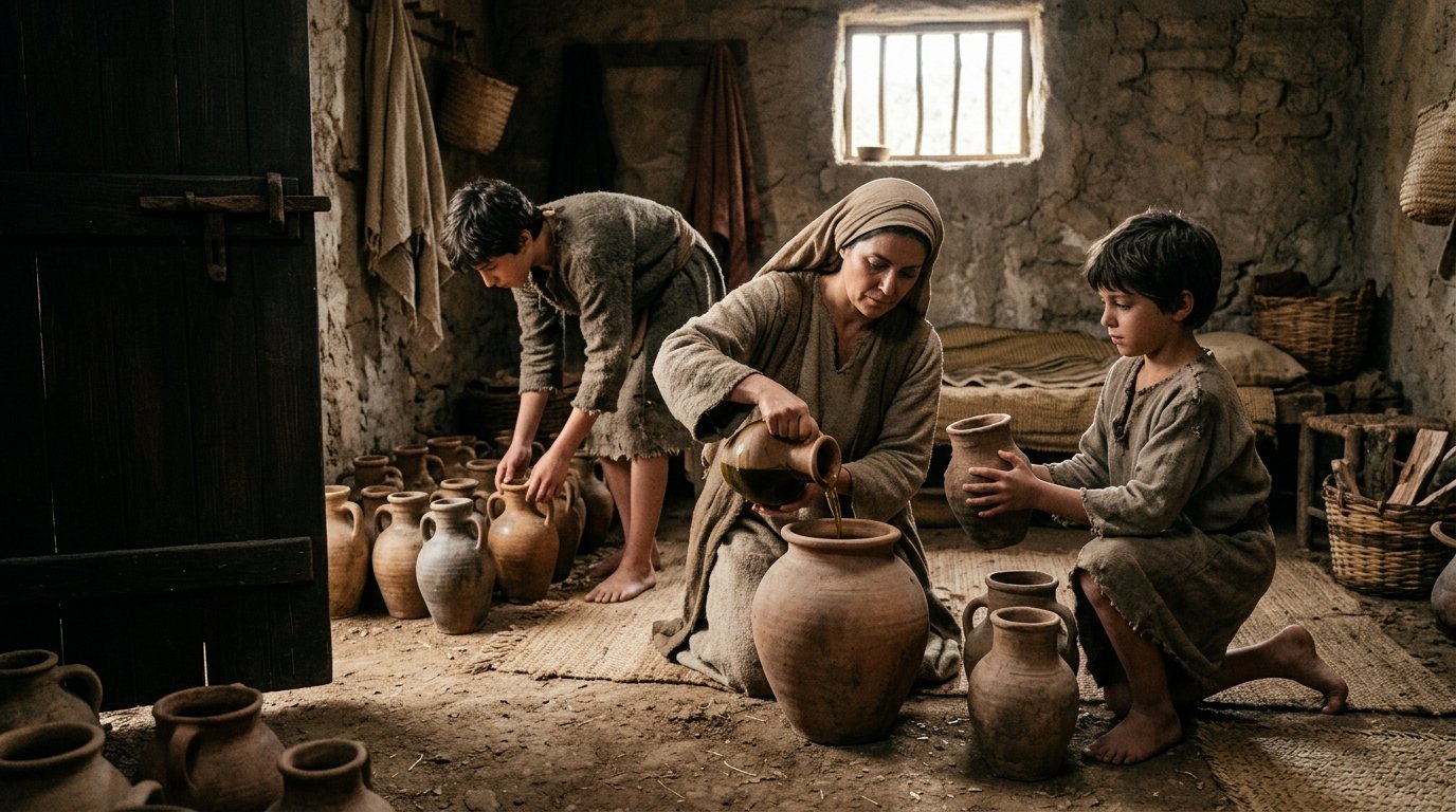 La viuda de uno de los profetas llena las vasijas con aceite junto a sus dos hijos según 2 Reyes 4