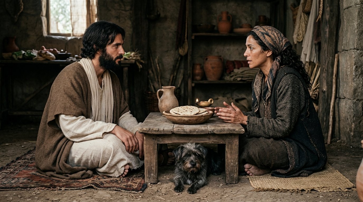 Jesús y la mujer sirofenicia dialogan sobre los hijos, el pan y los perritos