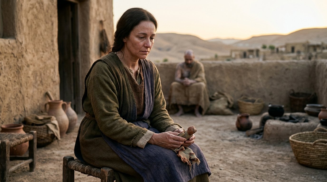 La esposa de Job representada como madre y esposa marcada por el duelo y el sufrimiento