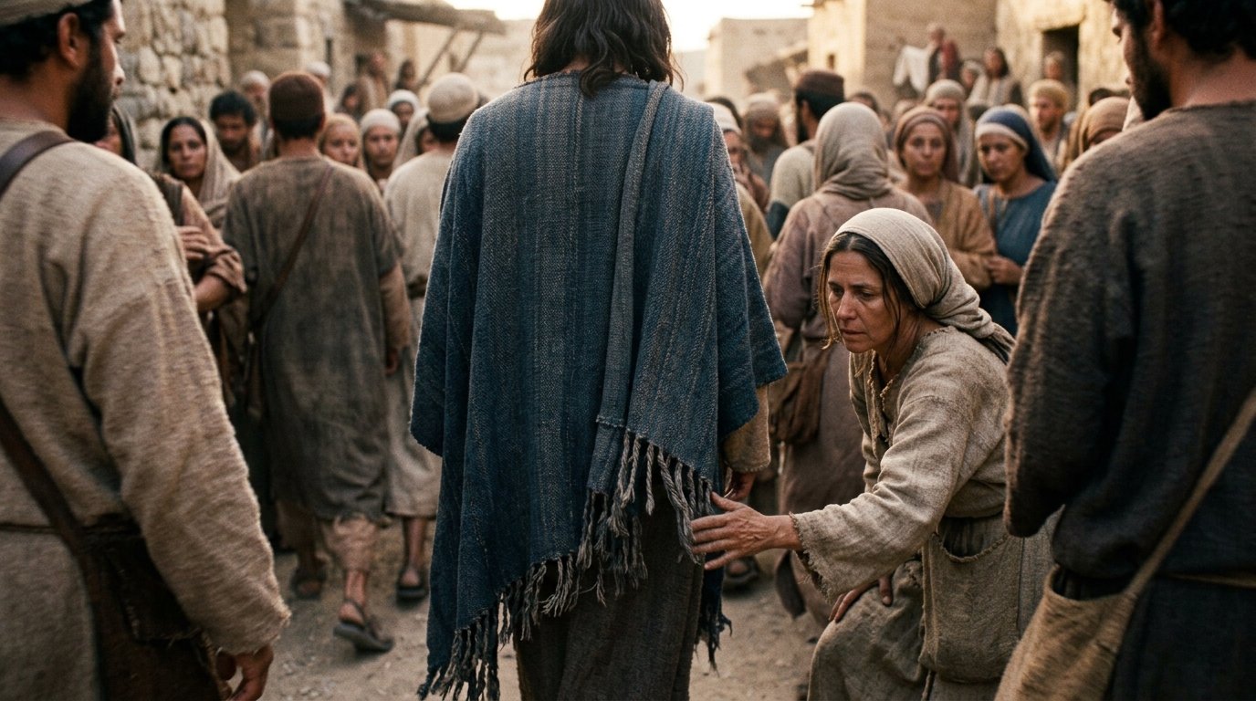 La mujer toca el borde del manto de Jesús buscando ser curada