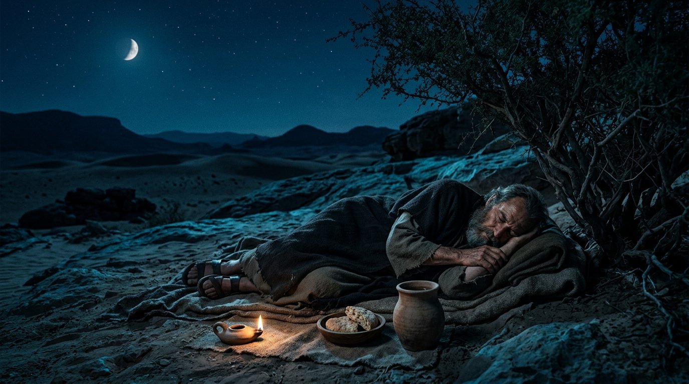 Elías descansa y recibe alimento en el desierto según 1 Reyes 19