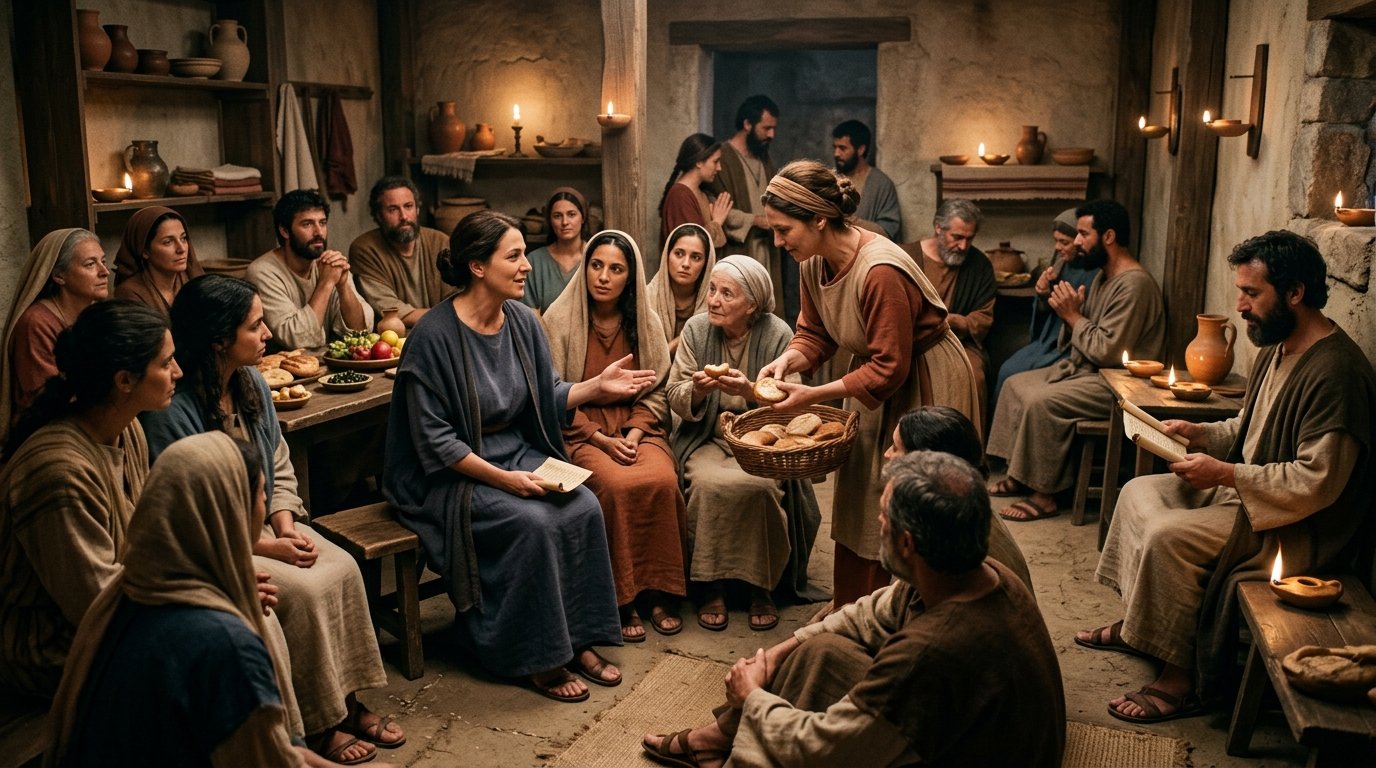 Evodia y Síntique participando en la comunidad cristiana de Filipos en el siglo I