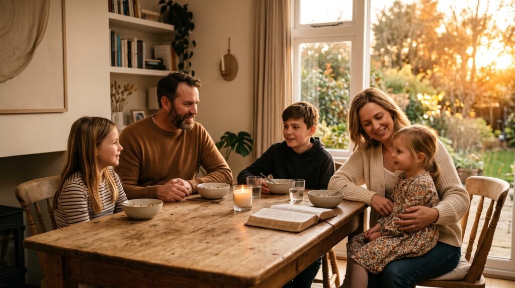 Familia reunida alrededor de una mesa en un hogar cristiano, imagen para oraciones por la familia