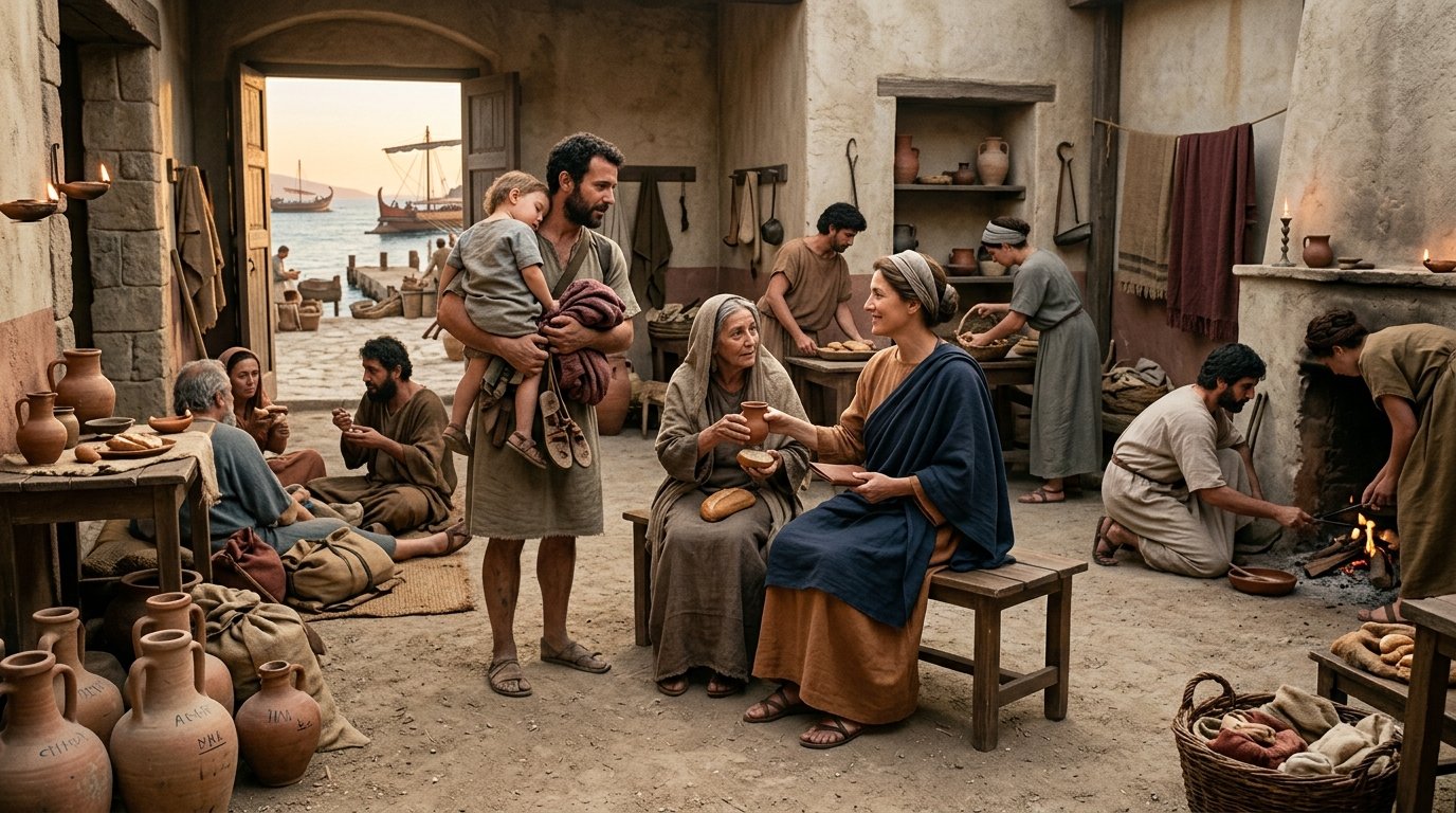 Febe ayudando a otros cristianos como benefactora de la comunidad de Cencreas