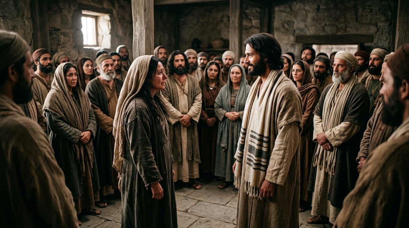 Jesús llama hija a la mujer con flujo de sangre después de su curación