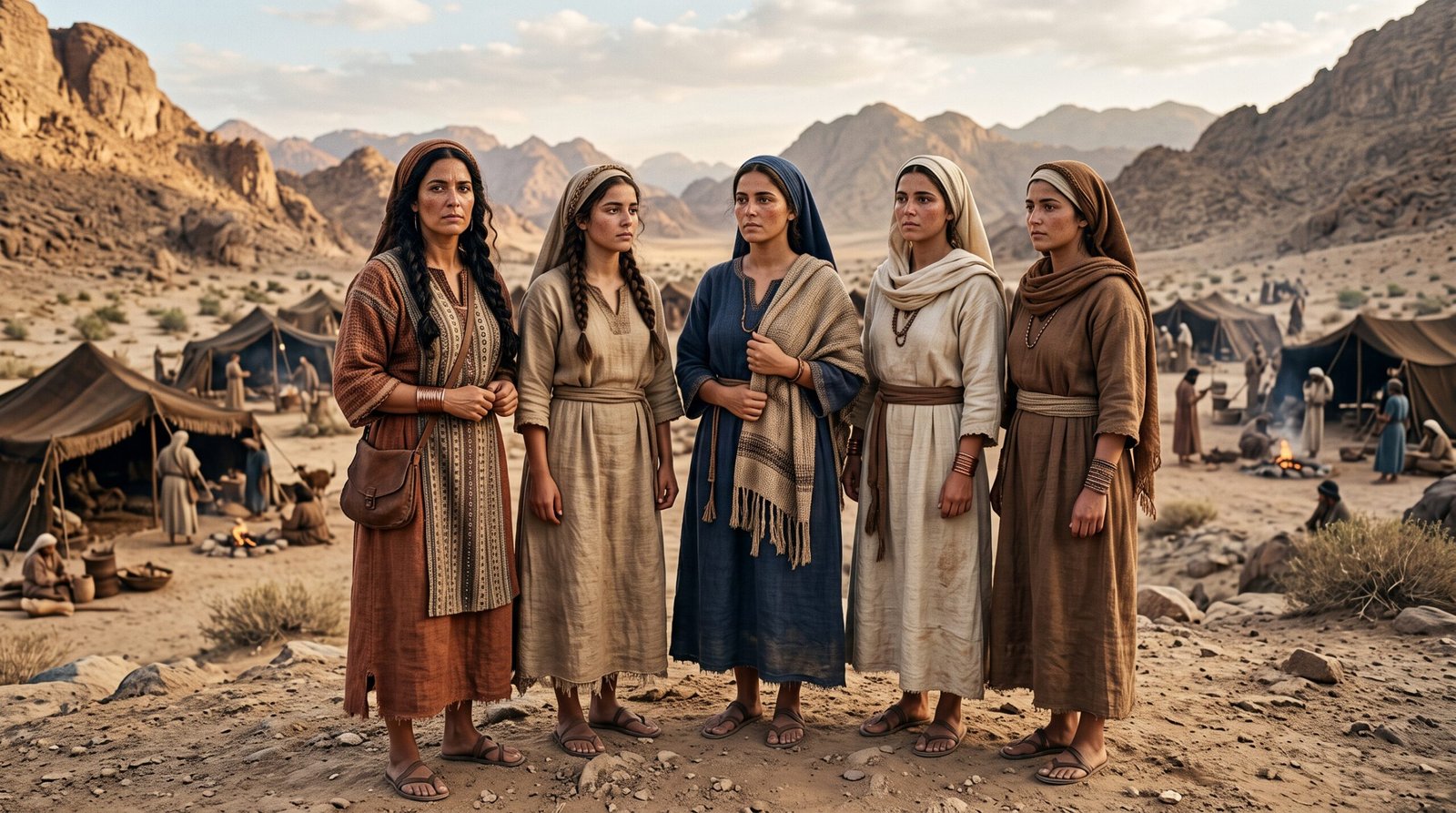 Las cinco hijas de Zelofehad juntas en el desierto