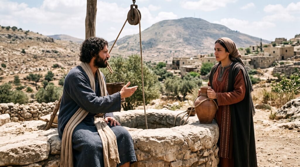 Jesús habla con la mujer samaritana junto al pozo de Jacob en Juan 4