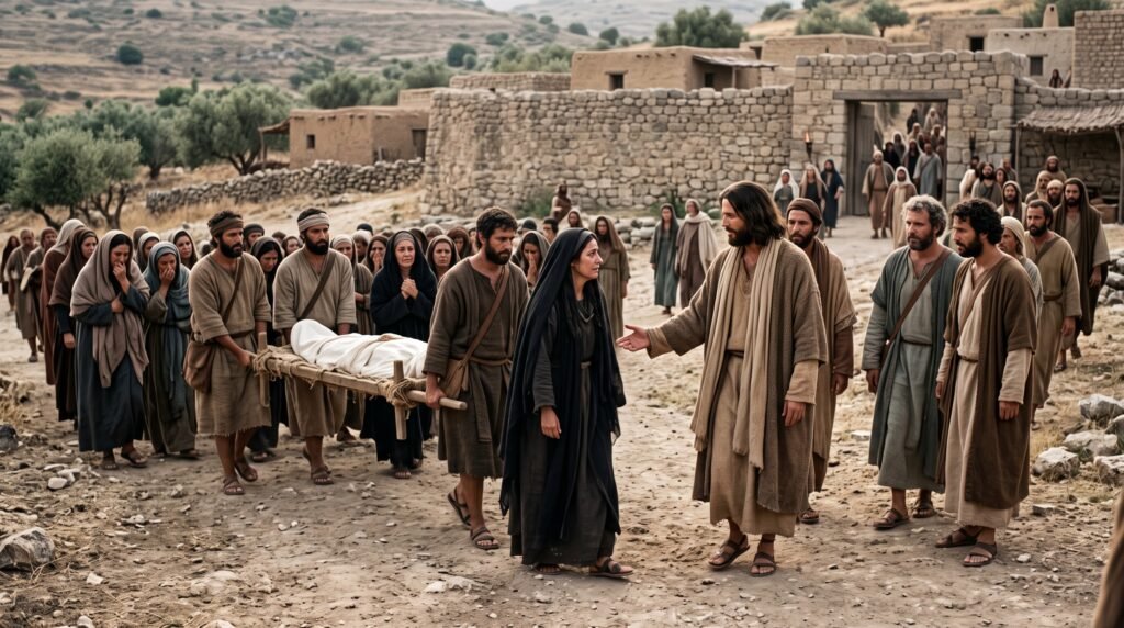Jesús encuentra a la viuda de Naín durante el funeral de su hijo en Lucas 7