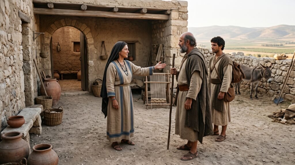 Mujer sunamita recibiendo al profeta Eliseo en Sunem