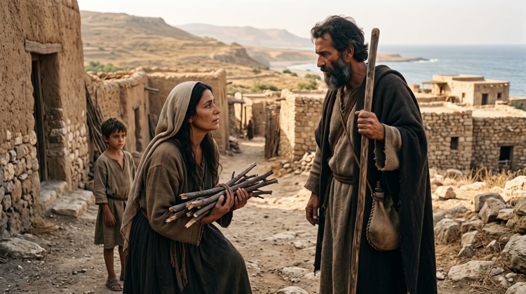 La viuda de Sarepta en la Biblia durante su encuentro con el profeta Elías