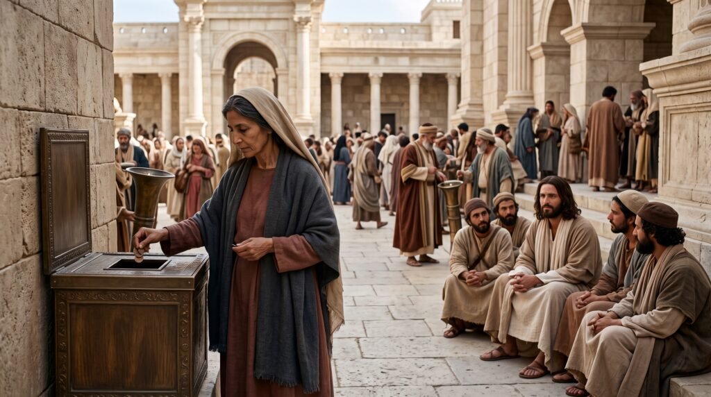 La viuda pobre deposita sus dos pequeñas monedas en el Templo mientras Jesús observa