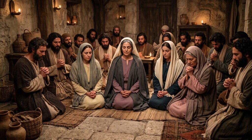 Mujeres reunidas en oración en el aposento alto antes de Pentecostés