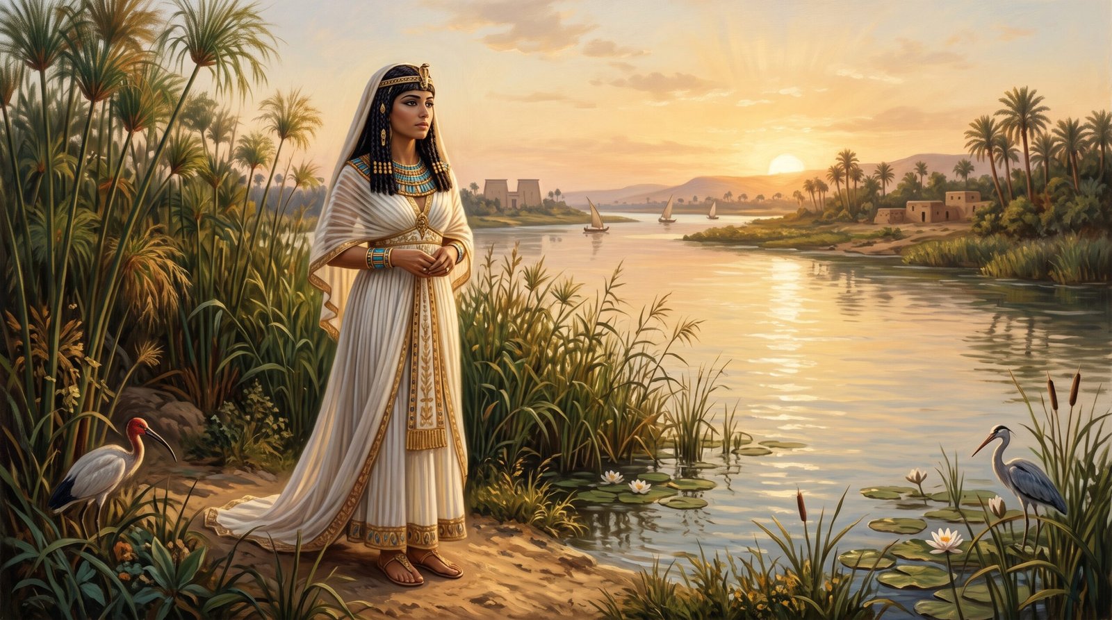 La hija del faraón junto al río Nilo en la historia de Moisés