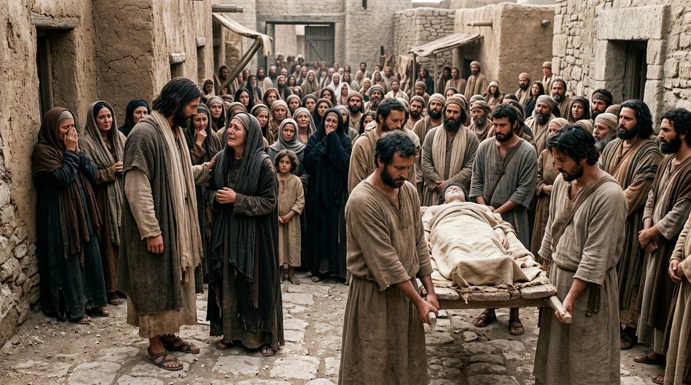 Jesús se compadece de la viuda de Naín y detiene el cortejo funerario