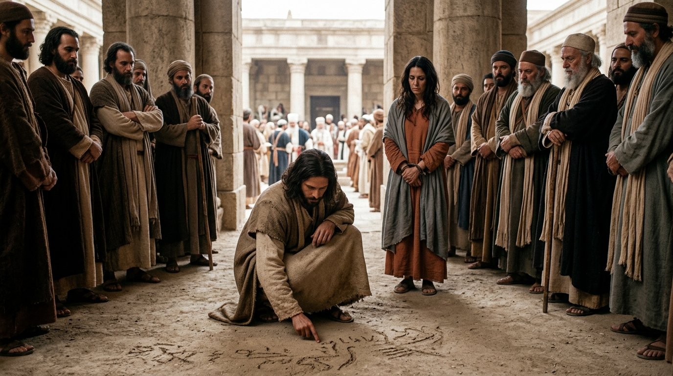 Jesús escribe en el suelo mientras la mujer sorprendida en adulterio permanece ante sus acusadores
