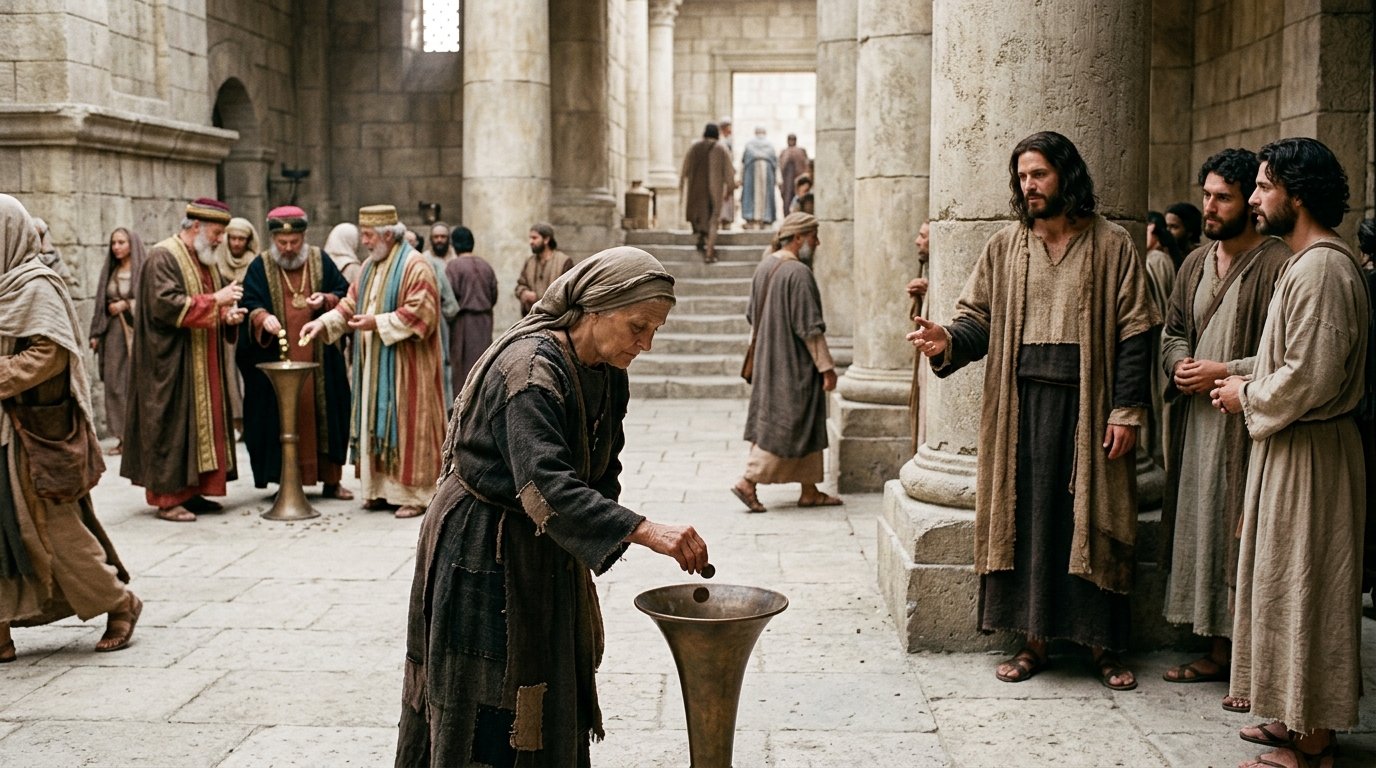 Jesús observa cómo la viuda pobre entrega sus dos monedas en Marcos 12
