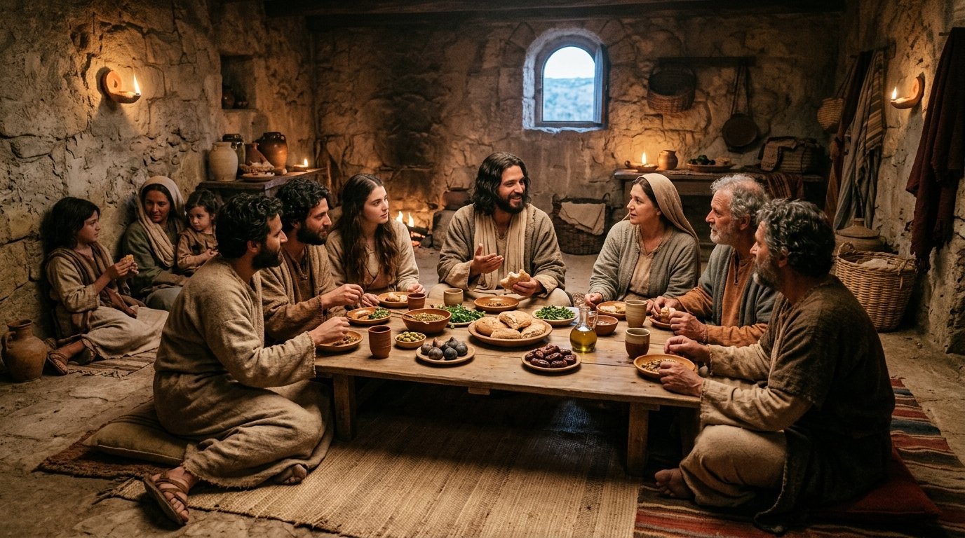 Jesús compartiendo mesa en una casa del siglo I