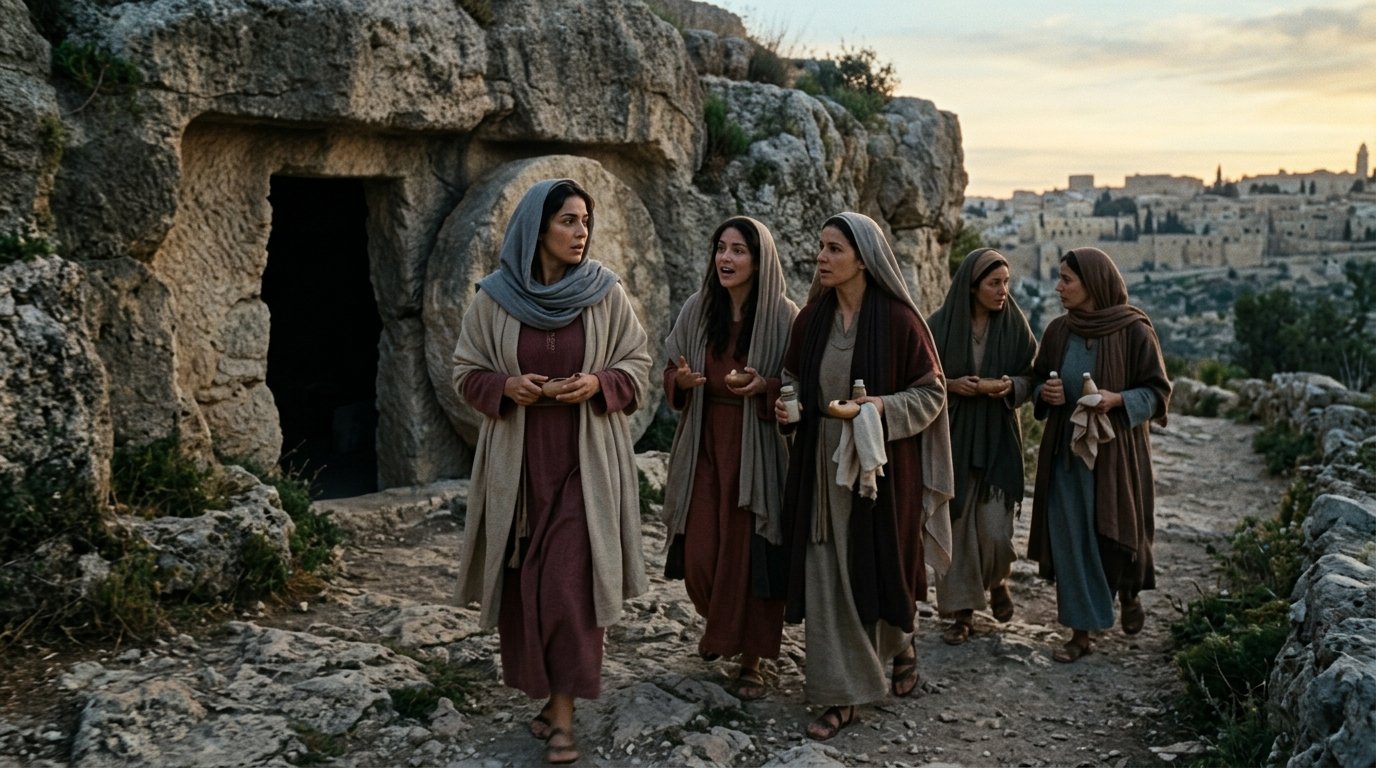 Juana regresa del sepulcro vacío junto a las mujeres mencionadas en Lucas 24