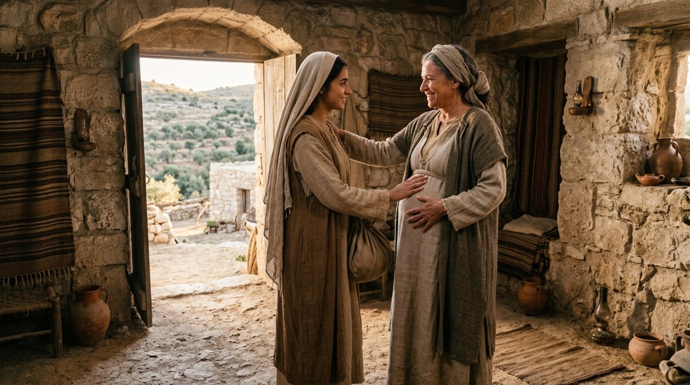María visita a Isabel durante la Visitación narrada en Lucas 1