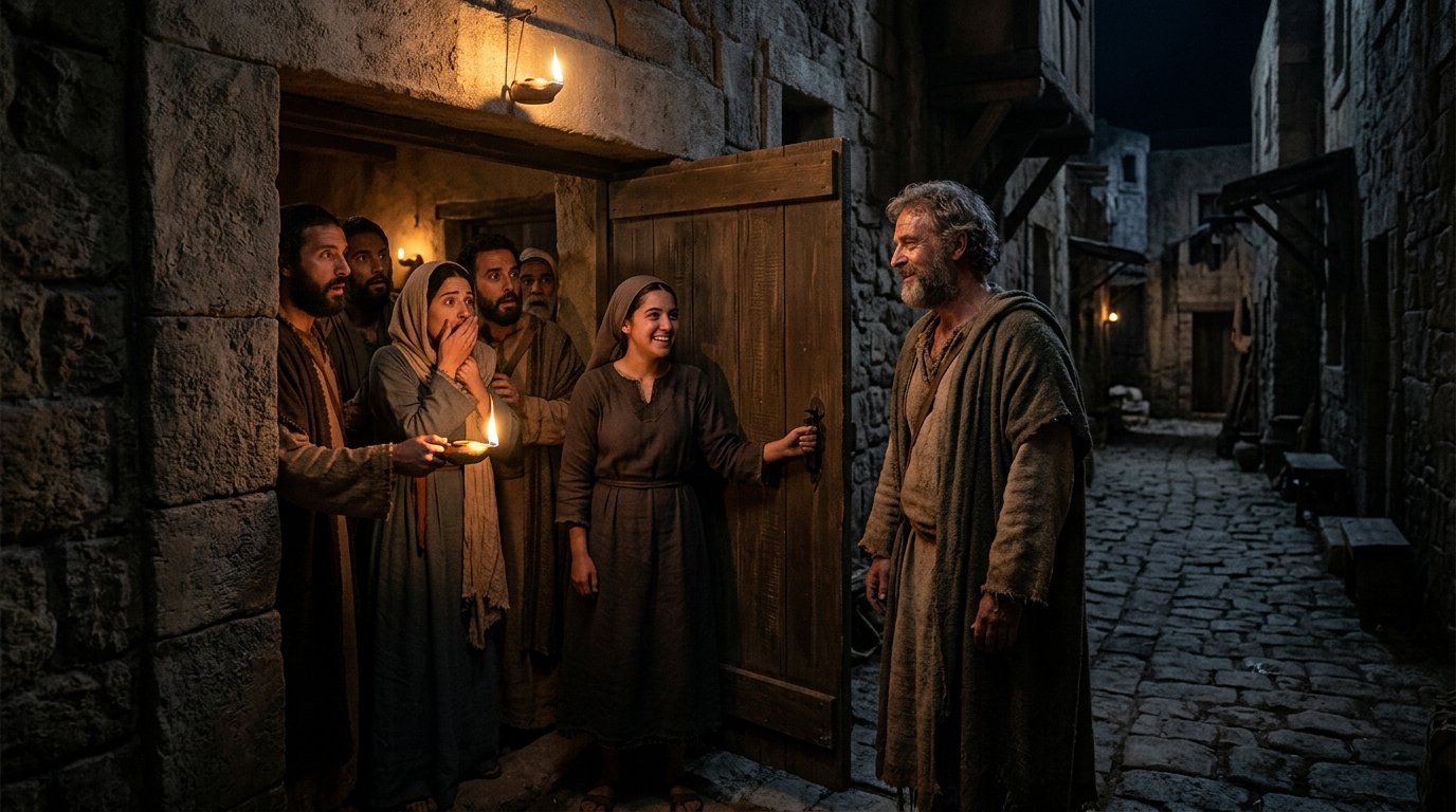 La comunidad abre la puerta y encuentra a Pedro después de la liberación narrada en Hechos 12