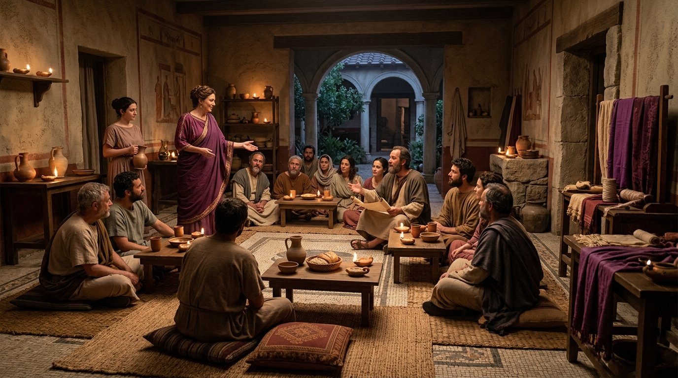 La comunidad cristiana de Filipos reunida en la casa de Lidia