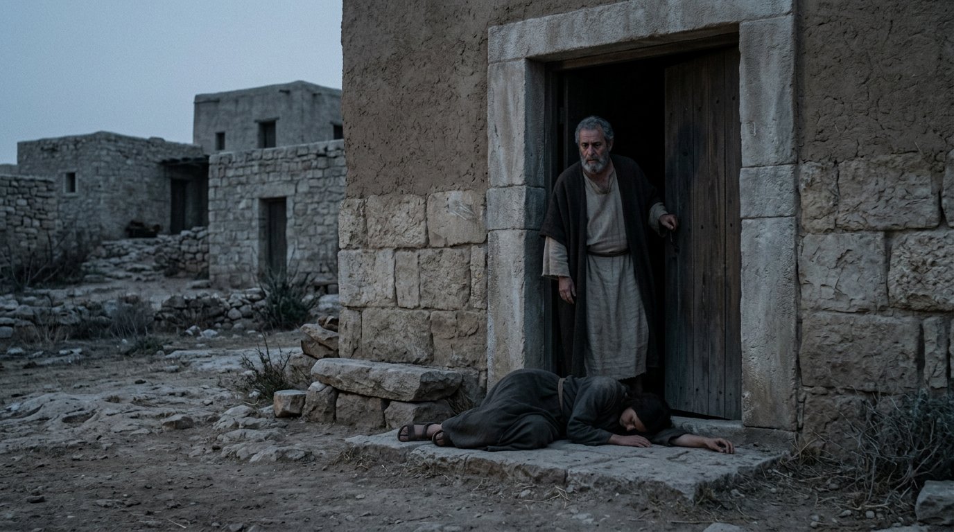 La concubina del levita caída en el umbral de la casa al amanecer en Gabaá