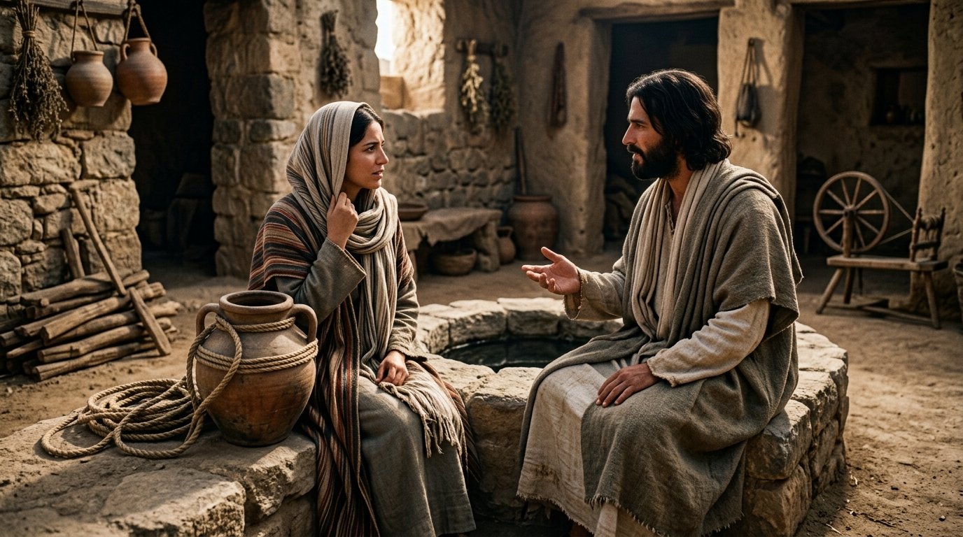 Jesús y la samaritana conversan sobre el agua viva en Juan 4