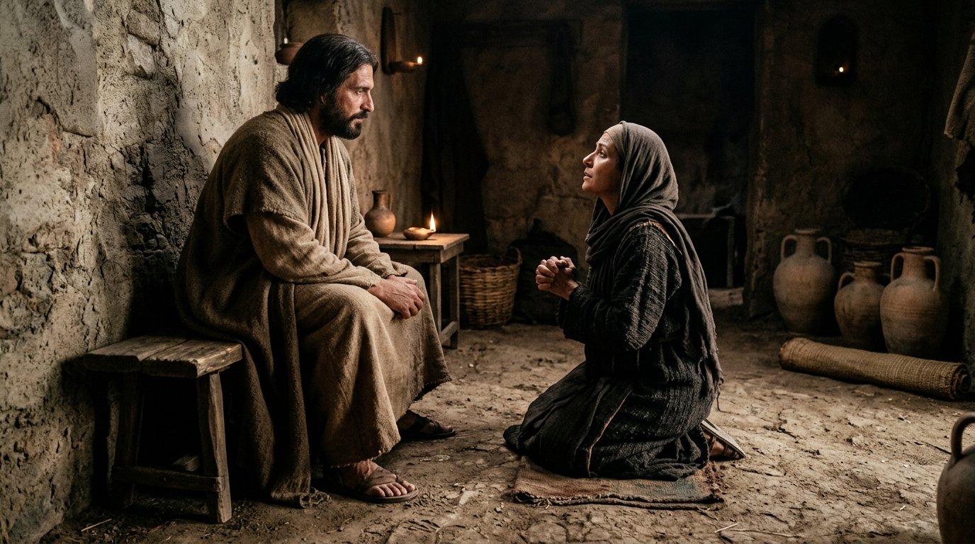 La mujer sirofenicia se acerca a Jesús en la región de Tiro