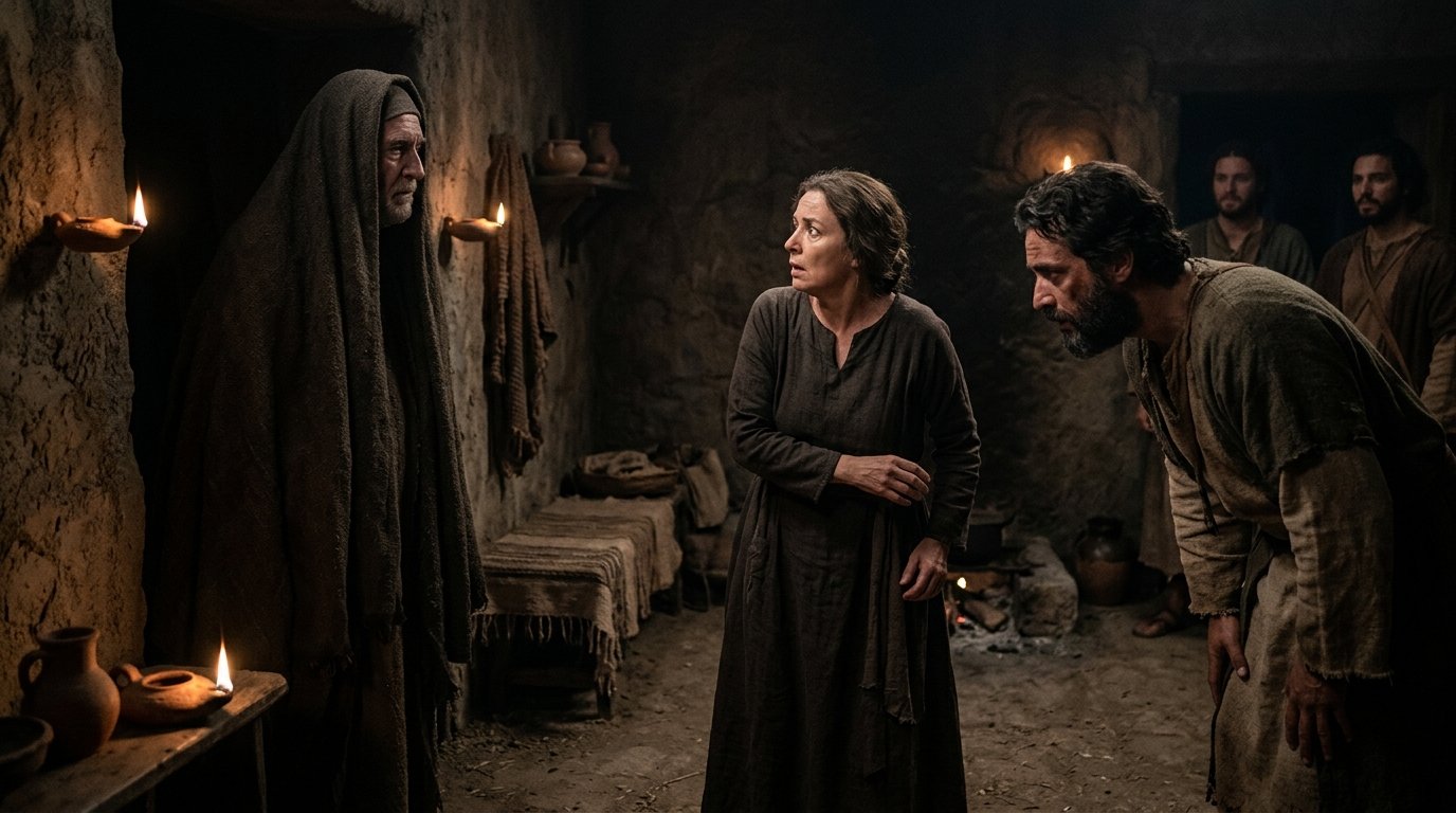 La mujer de Endor ve a Samuel y reconoce al rey Saúl según 1 Samuel 28:11-14