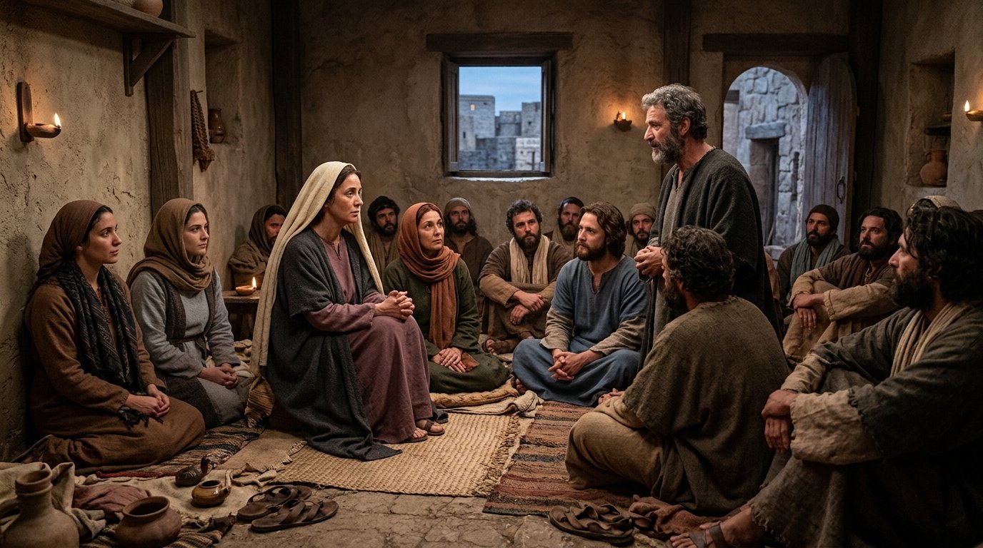 La primera comunidad cristiana reunida en el aposento alto después de la Ascensión