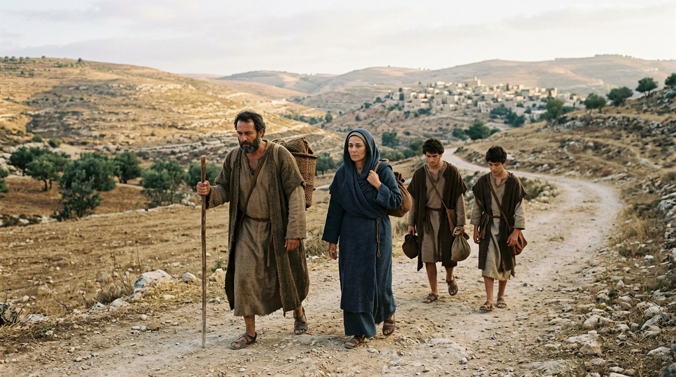 Noemí y su familia saliendo de Belén hacia Moab por la hambruna