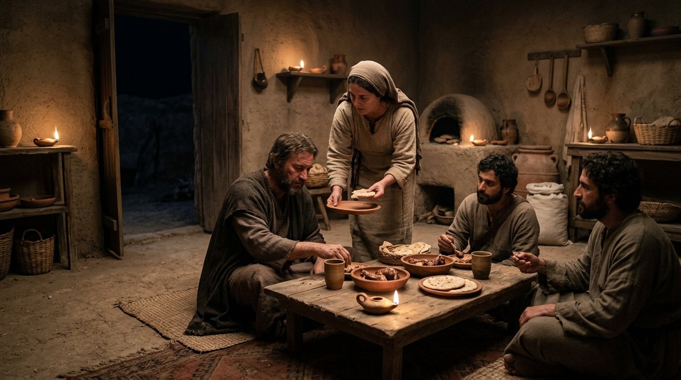 La mujer de Endor prepara la última comida de Saúl antes de su batalla contra los filisteos