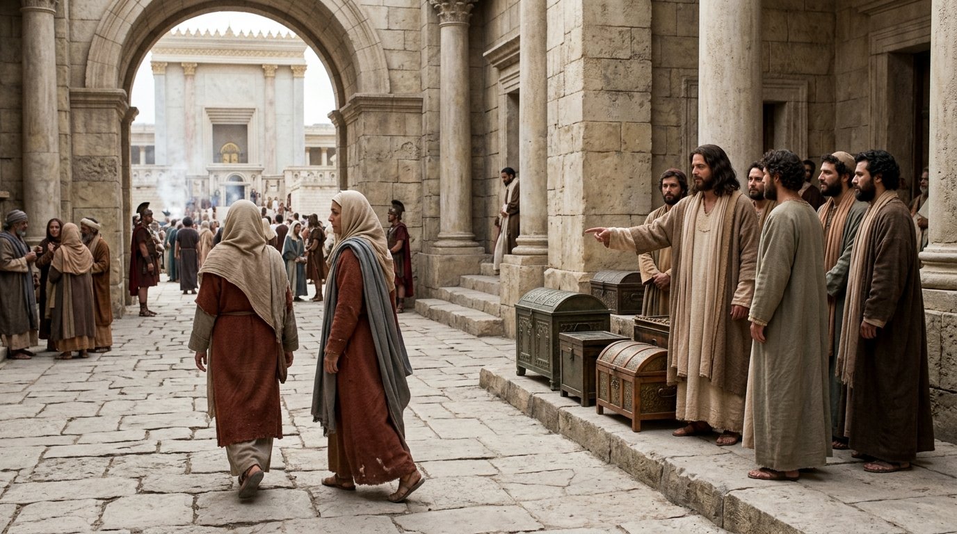 La viuda se aleja del lugar de las ofrendas mientras Jesús habla de su gesto a los discípulos